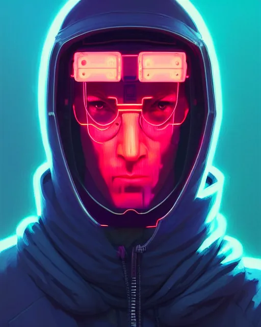 Image similar to cyberpunk synth, hyper - realistic detailed portrait of a man in a hoodie, with neon visor mask, digital painting, by atey ghailan, by greg rutkowski, by greg tocchini, by james gilleard, by joe fenton, by kaethe butcher, sharp focus