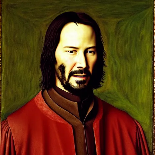 Image similar to portrait of keanu reeves, oil painting by jan van eyck, northern renaissance art, oil on canvas, wet - on - wet technique, realistic, expressive emotions, intricate textures, illusionistic detail