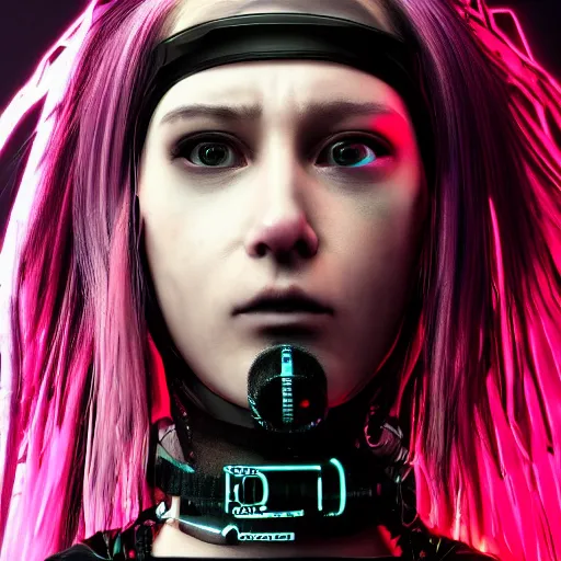 Image similar to detailed realistic cyberpunk female character cyberpunk wearing steel collar around neck, realistic, art, beautiful, 4K, collar, choker, collar around neck, punk, artstation, detailed, female, woman, choker, cyberpunk, neon, punk, collar, choker, collar around neck, thick collar, choker around neck, wearing choker, wearing collar, bright neon punk hair,