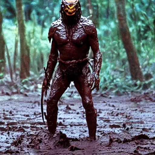 Prompt: cinematic still of sir david attenborough, covered in mud and standing in front!!!! of the predator!!!!! in 1 9 8 7 movie predator hd, 4 k