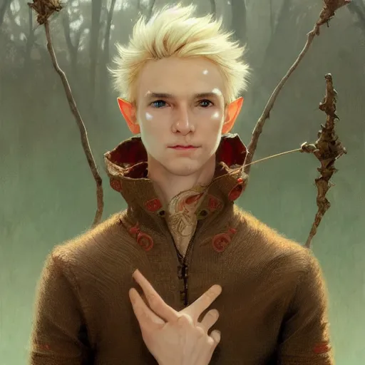 Image similar to elf fairy blonde male with a beautiful face, with a loot on their back, wearing a cardigan, highly detailed, intricate, digital painting, artstation, sharp focus, illustration, art by jakub rozalski, greg rutkowski, artgerm, tan zi and ayanamikodon and alphonse mucha and wlop