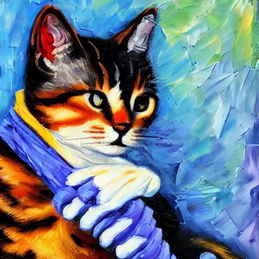 Prompt: palette knife oil painting of a cat wearing a disney gloves