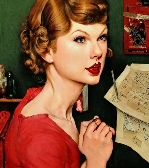 Prompt: taylor swift as a housewife hiding a dark secret, norman rockwell painting, detailed