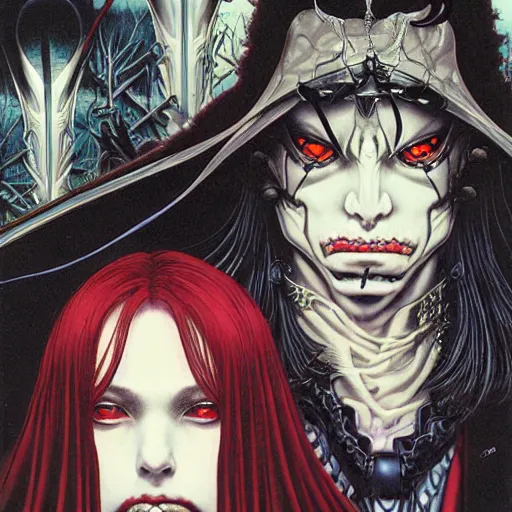 Image similar to portrait of vampire kiss, symmetrical, by yoichi hatakenaka, masamune shirow, josan gonzales and dan mumford, ayami kojima, takato yamamoto, barclay shaw, karol bak, yukito kishiro