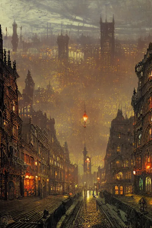 Image similar to beautiful matte steampunk landscape of pipe city by john atkinson grimshaw