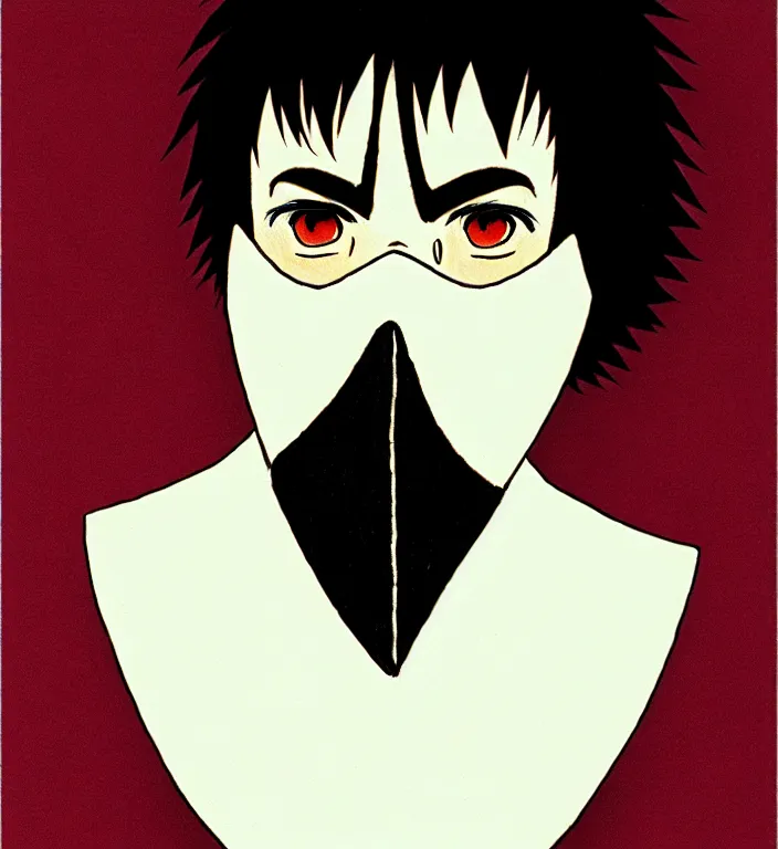 Prompt: white man with black fabric mask, short dark hair, true anatomy!, art by hayao miyazaki