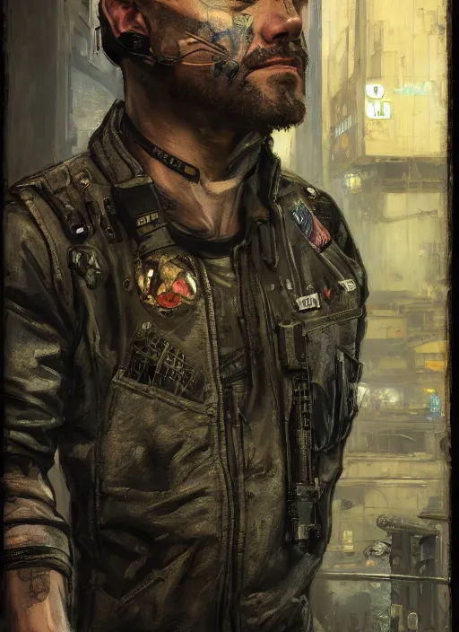 Prompt: dwight eisenhower. cyberpunk mercenary with tattoos wearing a military vest and combat jumpsuit. (Cyberpunk 2077, bladerunner 2049). Iranian orientalist portrait by john william waterhouse and Edwin Longsden Long and Theodore Ralli and Nasreddine Dinet, oil on canvas. Cinematic, hyper realism, realistic proportions, dramatic lighting, high detail 4k