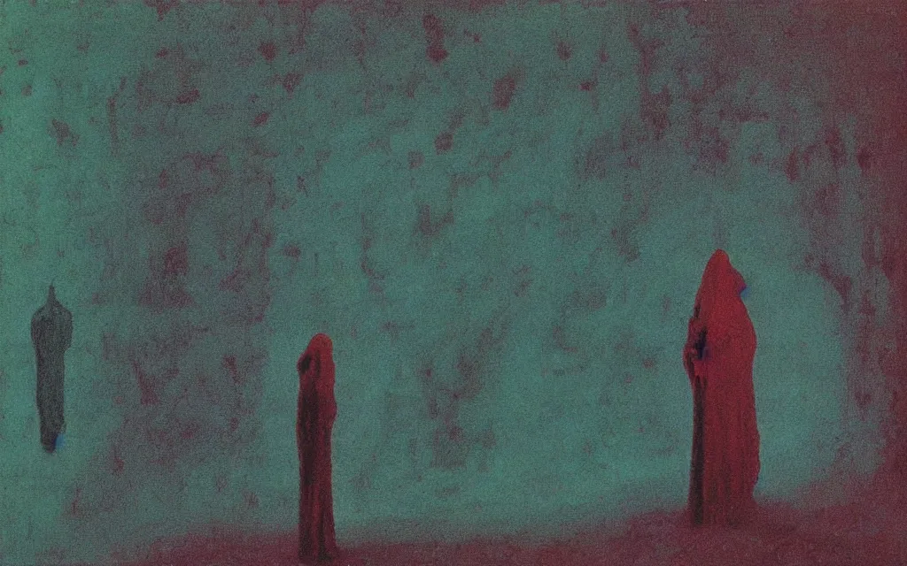 Image similar to colorized movie still from The Cabinet of Doctor Caligari: a ghost walking alone at night in the woods, oil painting by zdzisław beksiński, iridescent color palette chromatic aberration