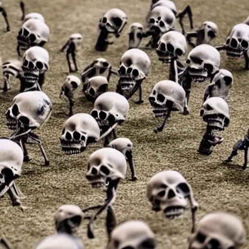 Prompt: an army of skeletons running towards the camera