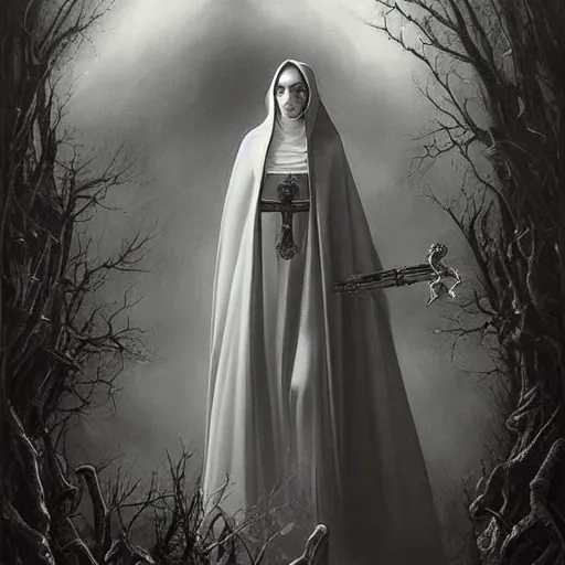 Image similar to By Tom Bagshaw, ultra realist soft painting of a gothic crypt by night, Gothic armored female nun and dressed, horror, omnious sky, symmetry accurate features, very intricate details, black and white, volumetric light clouds