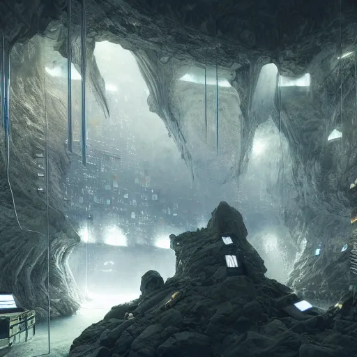 Image similar to a cave with many computers and piles of modular synth cables, by cameron gray, wlop, stanley kubrick, masamune, hideki anno, unique perspective, trending on artstation, 3 d render, smooth render