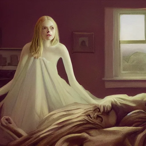 Image similar to Elle Fanning in the painted world of Lovecraft, head and shoulders masterpiece, apocalypse, golden hour, cosmic horror, artstation, in the style of Andrew Wyeth and Edward Hopper and Bosch, extremely detailed