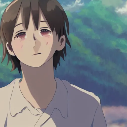 Image similar to ryan gosling in anime style, ghibli, spirited away, weather child, your name is