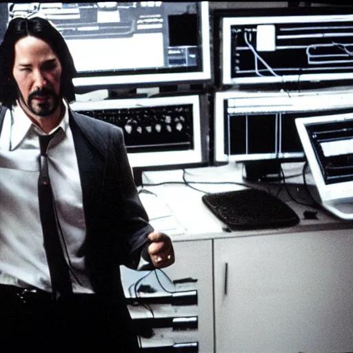 Image similar to Keanu reeves as a system administrator, doing a thumb up, there are servers in flames in the background, 35mm