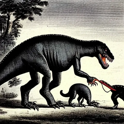 Image similar to antique lithograph from 1 8 0 0 of tyrannosaurus rex feeding his pet dog, running in a field