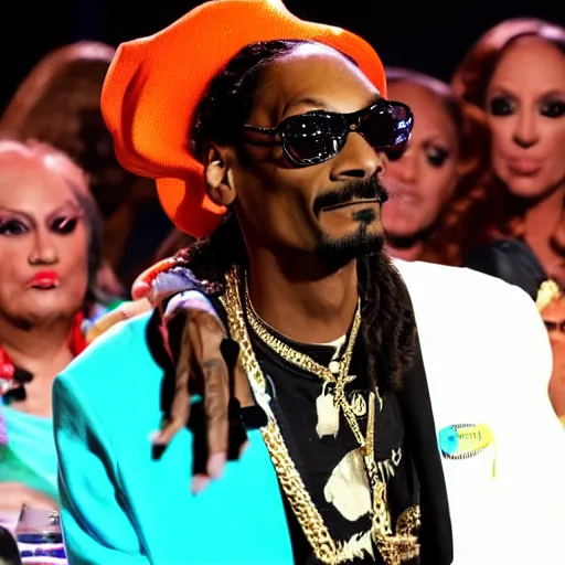 Image similar to snoop dogg on the judging panel of rupauls drag race