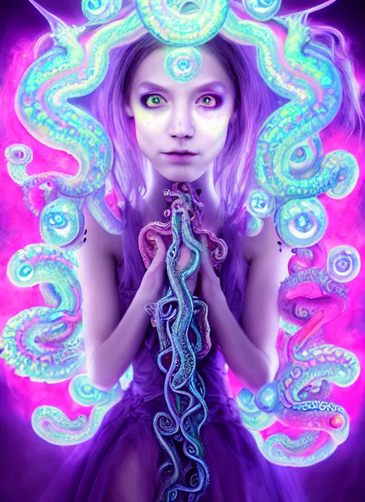 Image similar to A full shot of a cute magical monster girl wearing a dress made of opals and tentacles. Creepy Pasta. F1.4. Symmetrical. Dark Smoke and VFX. Caustics refraction. Prism light. defined facial features, symmetrical facial features. Rainbows. Soft Lighting. beautiful lighting. By Giger and Ruan Jia and Artgerm and Range Murata and WLOP and William-Adolphe Bouguereau and Loish and Lisa Frank. trending on artstation, featured on pixiv, award winning, sharp, details, intricate details, realistic, Hyper-detailed, HD, HDR, 4K, 8K.