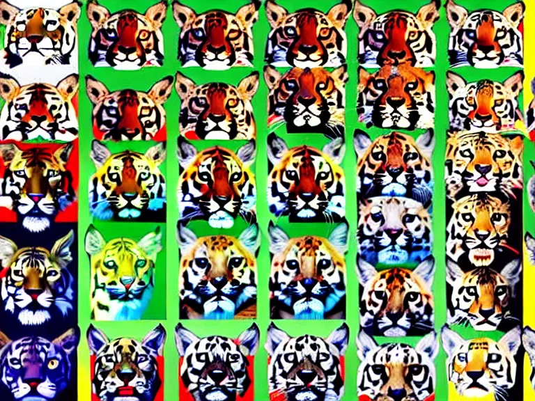 Prompt: multiple, side by side, portrait of different felidae, tiger, lynx, serval, cougar, ocelot, caracal, puma, leopard, panther, jaguar, highly detailed, digital art