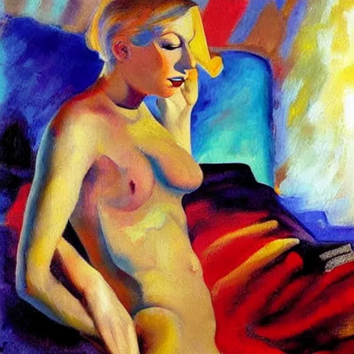 Prompt: painting, abstract expressionism, very abstract, blonde in bed, art deco, by art frahm, vladimir volegov, pablo picasso, wassily kandinsky