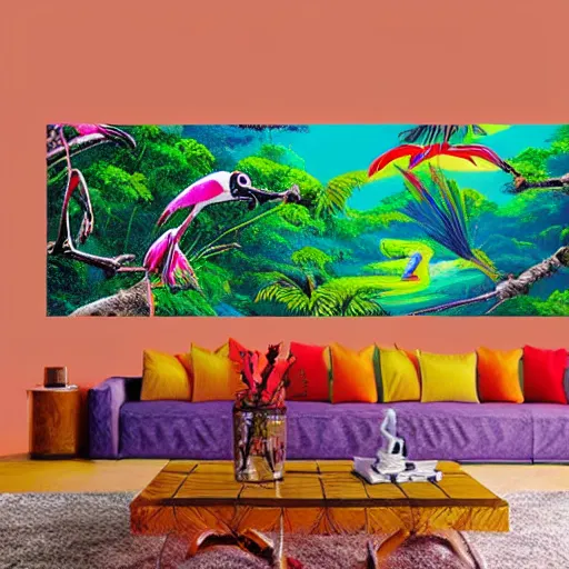 Prompt: amazon rainforest colorful cinematic abstract painting, toucans and flamingos flying in the sky, with a raging river below, 1 6 : 9 widescreen aspect ratio, 4 k