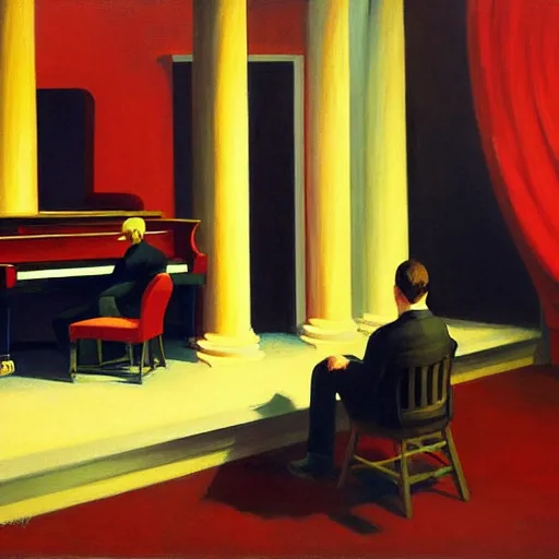 Image similar to painting of a man sitting at a grand piano, but not playing. he's looking into the void. by edward hopper and james gilleard