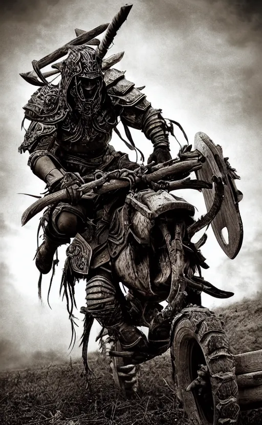 Prompt: vertical movie frame with heavy warrior riding ancient wood atv, making selfie, armor inspired by diablo barbarian and fashion, strong blooded body, brutal blooded symmetrical face, epic, cinematic lighting, award winning, establishing shot, extremely high detail, photorealistic, brutal, provocative, natural lighting, octane render, old photo, vintage, black and white, sepia, old photography, documentary photography