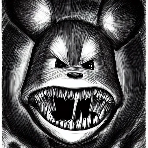 Image similar to ultra realistic pikachu from pokemon with a bloody smile + mouth full of sharp fangs + horror vibe + by junji ito - w 1 0 2 4