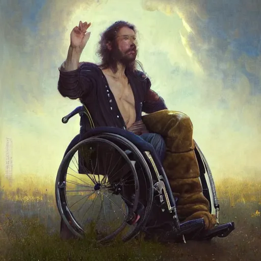 Prompt: handsome portrait of a wheelchair guy fitness posing, radiant light, caustics, war hero, smooth, one legged amputee, surrounded by monarch butterflies, by gaston bussiere, bayard wu, greg rutkowski, giger, maxim verehin