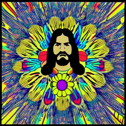 Prompt: a photograph of psychedelic Jesus in the 1960s, digital art in the style of Takashi Murakami