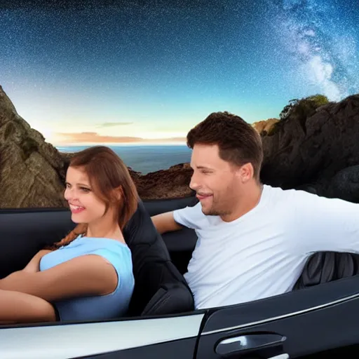 Prompt: realistic photo of man and woman in a convertible car parked near a cliff, gazing at the stars. big dipper. romantic