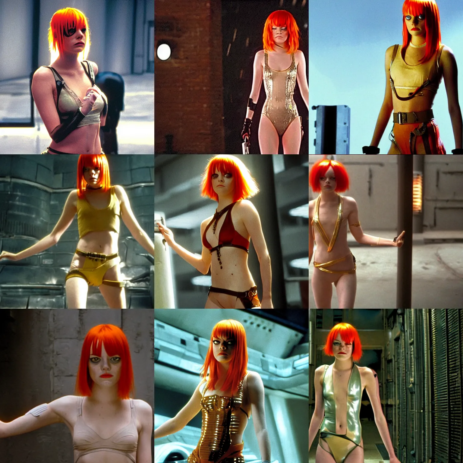 Prompt: Emma Stone as Leeloo In ‘The Fifth Element’ movie still, full body, gritty dystopian