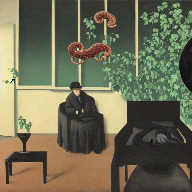 Image similar to a female pathology student in her apartment, wild berry vines, pig, black walls, ikebana, pear, snakes, black armchair, sculpture, acrylic on canvas, surrealist, by magritte and monet