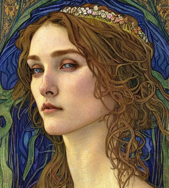 Image similar to detailed realistic beautiful young medieval queen face portrait by jean delville, alphonse mucha, vincent van gogh, and marco mazzoni, art nouveau, symbolist, visionary, gothic, pre - raphaelite
