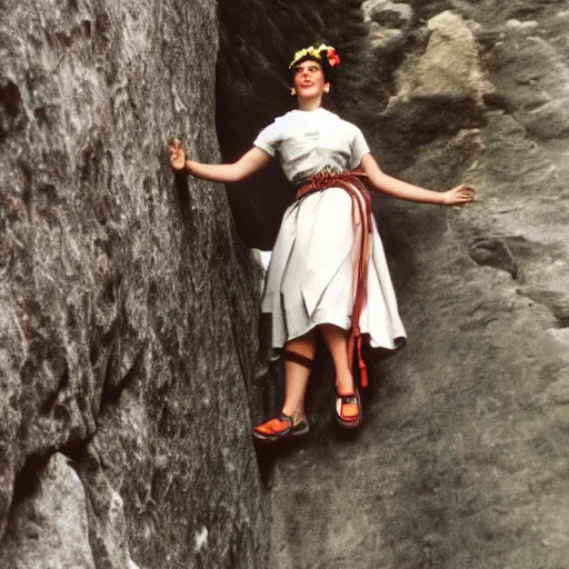 Prompt: Frida Kahlo rock climbing wearing a princess dress