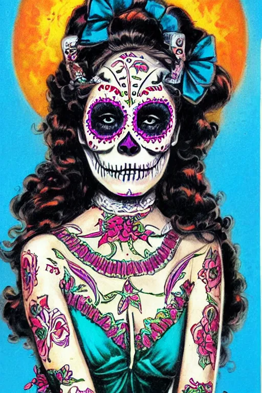 Prompt: Illustration of a sugar skull day of the dead girl, art by Earl Norem