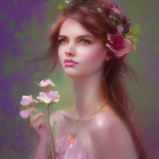 Image similar to beautiful woman, flowers, pastel colors, pearlescent, fantasy, featured on artstation, in the style of daniel gerhartz and krenz cushart, Alexis Franklin, Thomas River, WLOP, Artgerm