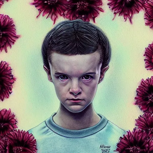 Prompt: beautiful portrait of Eleven from the stranger things by (((Marco Mazzoni ))) marco mazzoni ,dark ,detailed!! ,(((flowers on hair))) ,portrait, side light!!!