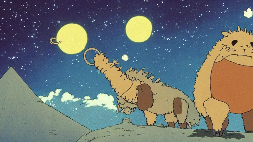 Image similar to a movie still from a studio ghibli film showing a lovecraftian alpaca from howl's moving castle ( 2 0 0 4 ). a pyramid is under construction in the background, in the rainforest on a misty and starry night. a ufo is in the sky. by studio ghibli