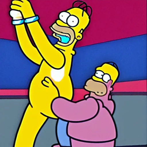 Image similar to homer simpson holding peter griffin at gunpoint