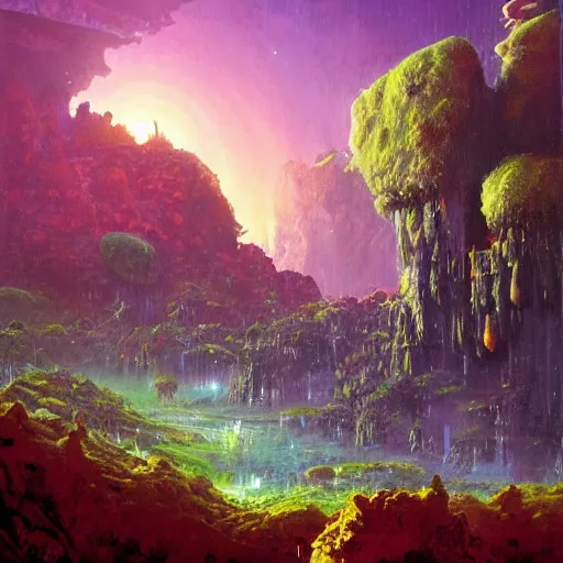 Image similar to illustration of a lush natural scene on an alien planet by paul lehr. extremely detailed. beautiful landscape. weird vegetation. cliffs and water.