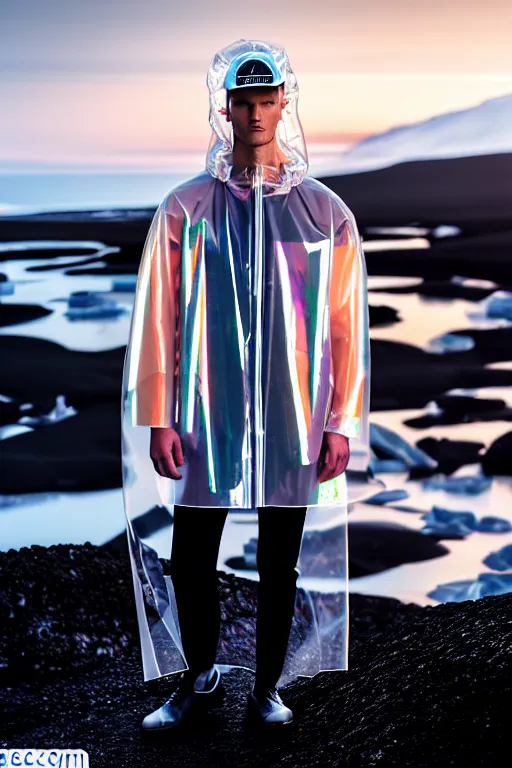 Image similar to an ultra high definition professional high fashion portrait studio full length photograph of a male model wearing a transparent pearlescent raincoat and neon visor in an icelandic black rock environment at dawn. no artefacts. extremely detailed. stark. refraction. shallow depth of field. volumetric light and shadow. ray tracing. light rays.