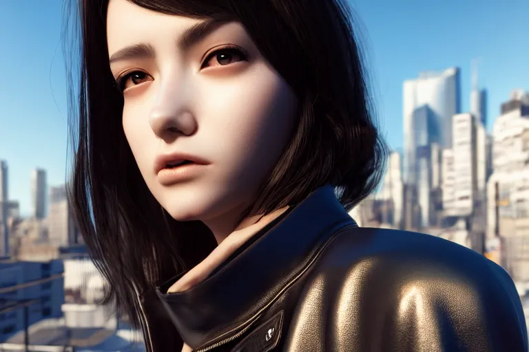 Image similar to extremely beautiful aesthetic girl with leather jacket in the urban city, occlusion shadow, specular reflection, rim light, unreal engine, octane render, artgerm, artstation, art by hiroaki samura and jiro matsumoto and yusuke murata, high quality, intricate detailed 8 k, beautiful shape of face and body, sunny day