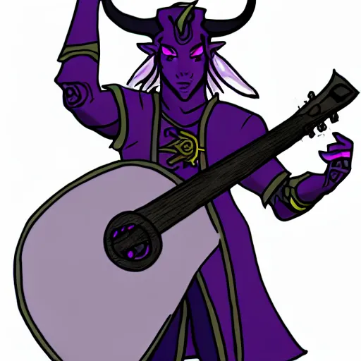 Image similar to a purple tiefling bard with long white horns wearing light armor and carrying a guitar as drawn by the sketch goblin and thesketchgoblin