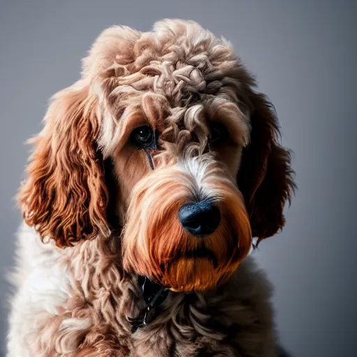 Image similar to a Goldendoodle except their body looks like greasy fried chicken, spot lighting from above, realisitc photo, f/1.4 HDR aperture, UHD studio quality