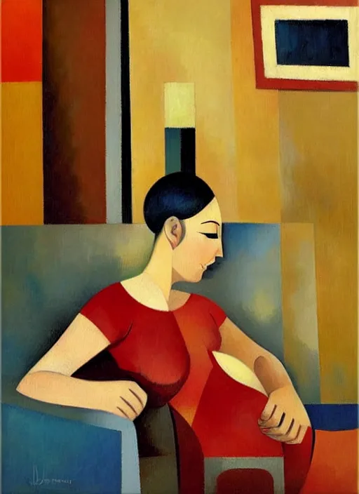 Prompt: figurative oil painting of a woman relaxing in her cosy home, art by didier lourenco, spanish modernism style, patterned background, balanced and aesthetically pleasing colors