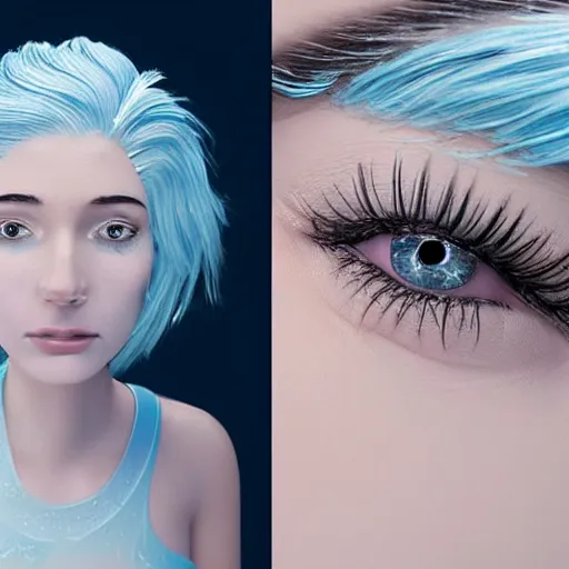 Prompt: female with frosty eye lashes and brows, eyes closed, no makeup, partly submerged in rippling viscous clear oil, frost needles, pale blue tint, complex hyperdetailed technical suit. white hair flowing, frosty breath, sci - fi, futuristic, ultra realistic, wide angle.