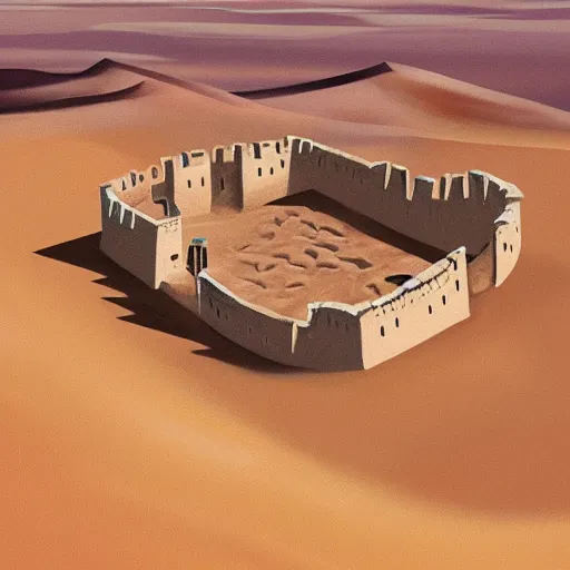 Prompt: High-Quality realist painting of a fortress in the Sahara Desert, peaceful, very detailed, digital art.