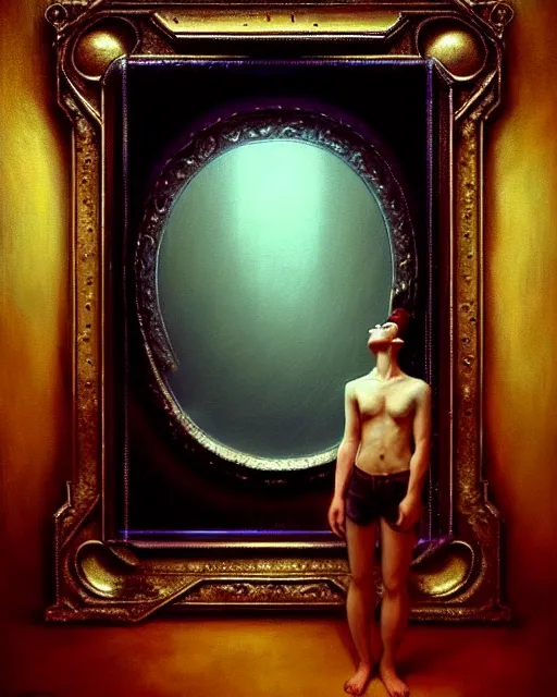 Image similar to a hyper - detailed 3 d render like a oil painting of seeing your true self in a magic mirror, surrealism!!!!! surreal concept art, lifelike, photorealistic, digital painting, aesthetic, smooth, sharp focus, artstation hd, by greg rutkowski, bruce pennington, valentina remenar and asher duran,