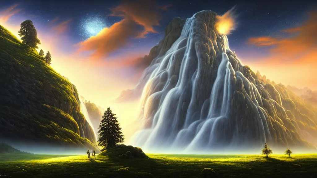 Prompt: gediminas pranckevicius an landscape view, superb epic sky, galaxies and star in the sky, immense waterfall, giant sequoia, massive mountains, epic composition, 4 k, detailed, realistic