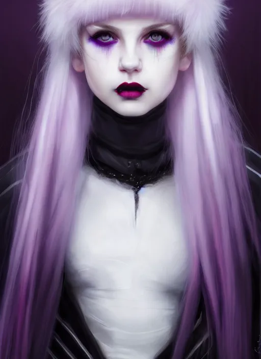 Image similar to portrait of white teenage girl, normal face, white bangs, mall goth, cyberlox, black and white hair, bangs, fluffy bangs, red contact lenses, purple lipstick, intricate, elegant, highly detailed, digital painting, artstation, concept art, sharp focus, smooth, illustration, art by wlop, mars ravelo and greg rutkowski